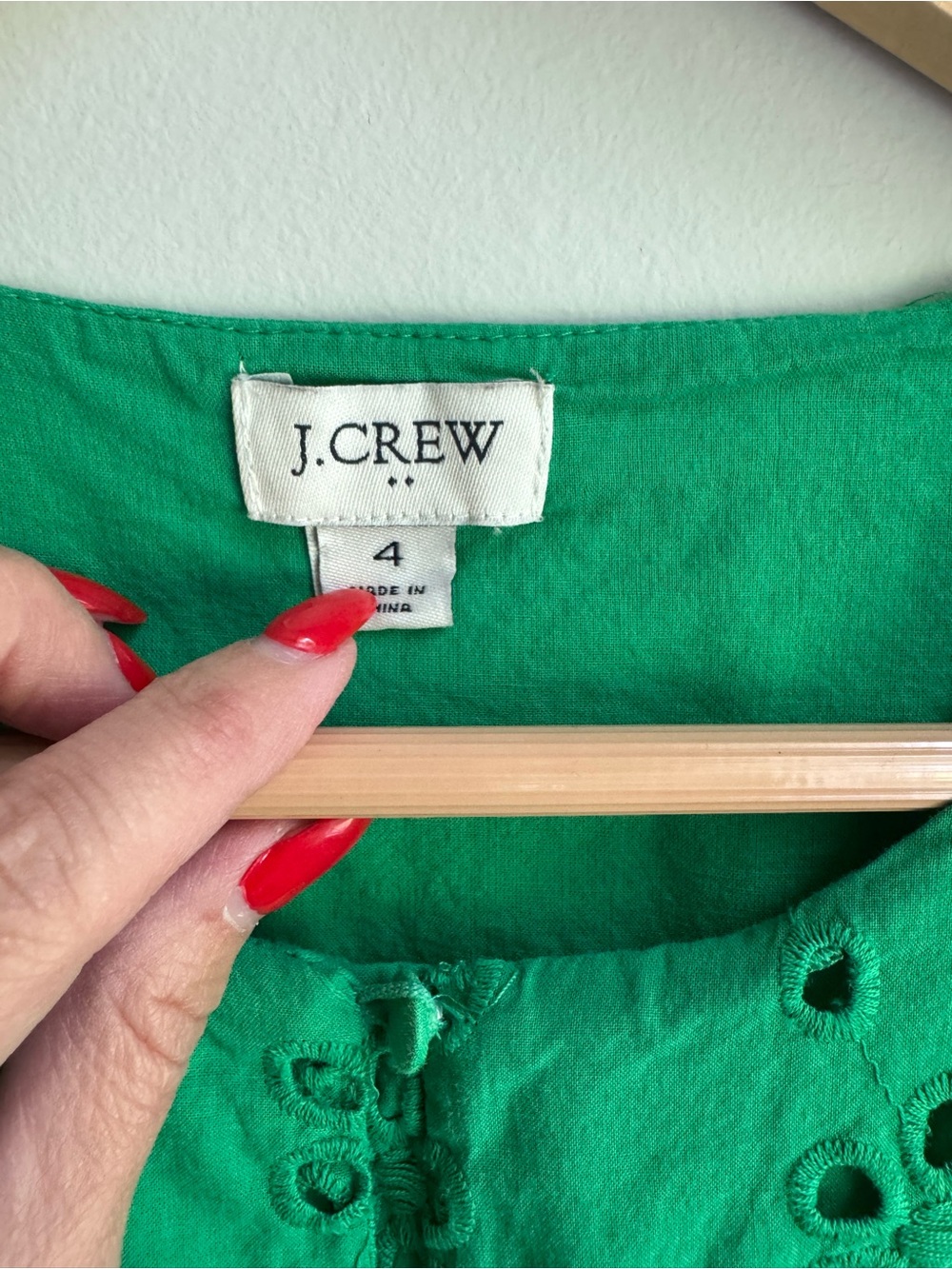 J. Crew Emerald Green Eyelet Midi Dress with Ruffle Sleeves Wedding Garden Party - Picture 5 of 10